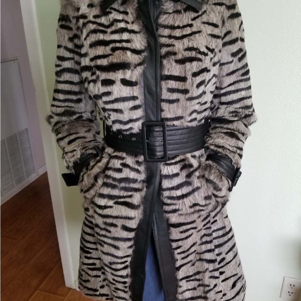 BEBE Black and Gray Striped Rabbit Fur/Leather Knee Length Coat